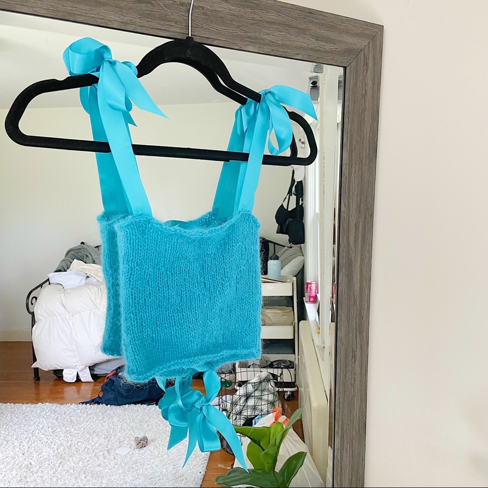 Handmade Bright Blue Ribbon Cropped Knit Tank Top
